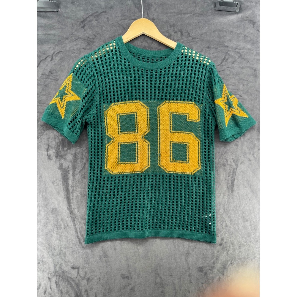 ROMWE Green Mesh Knit Jersey Top 86 Star Graphic Short Sleeve XS